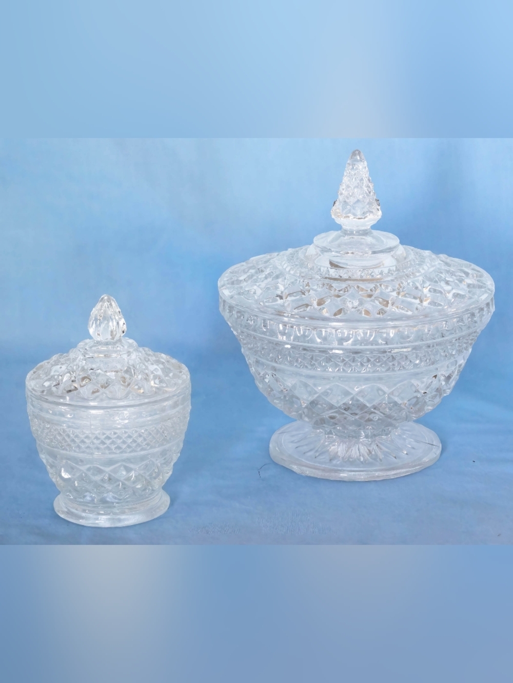 Classy Anchor Hocking Wexford Pattern Two Candy Dishes With Lids